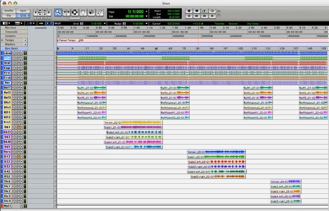 Bild 17 Ovan visas inspelningsschemat över Snus (Version1). Skärmdump:. 4.3.2 Snus (Version1) Snus (Version1) jobbades fram vid två olika tillfällen i Studio B.