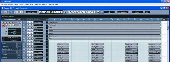 Bild 18 Ovan visas inspelningsschemat över Snus (Version2). Skärmdump:. 4.4.2 Snus (Version2) Version två av låten Snus blev färdig efter tre arbetstillfällen i Studio A.