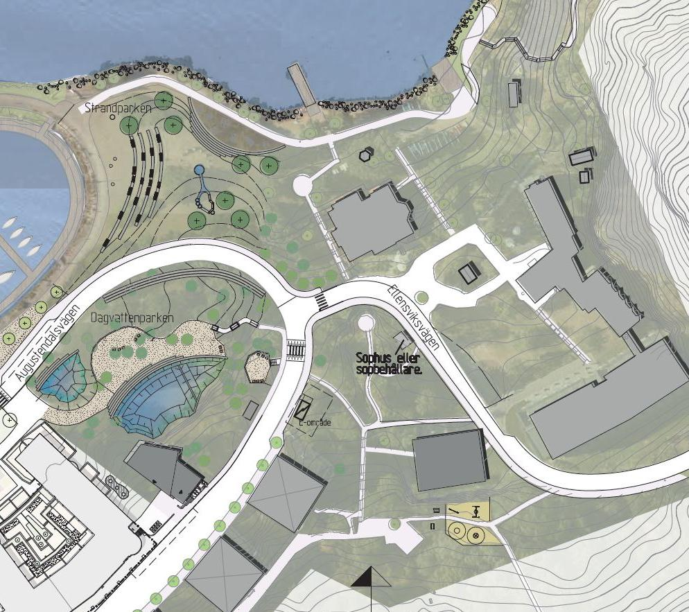 Planbeskrivning Norra Nacka strand 21 (56) Illustrationsplan över delområde 7 med befintlig och tillkommande byggrätt Bild: Sweco Ny bebyggelse vid dagvattenparken I anslutning till parken med