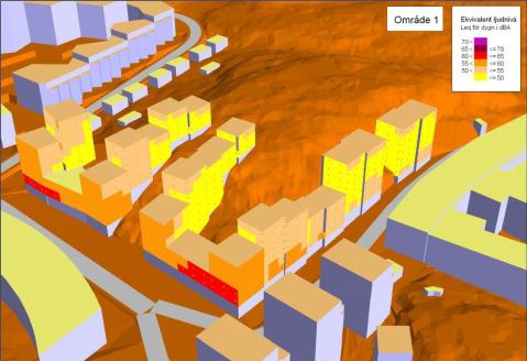 Högst 60 dba ekvivalent ljudnivå innehålls vid samtliga fasader utom i ett fåtal lägen mot Augustendalsvägen
