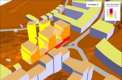 Ekvivalentnivåer vid fasad. Bild: ÅF Maximalnivåer vid fasad.