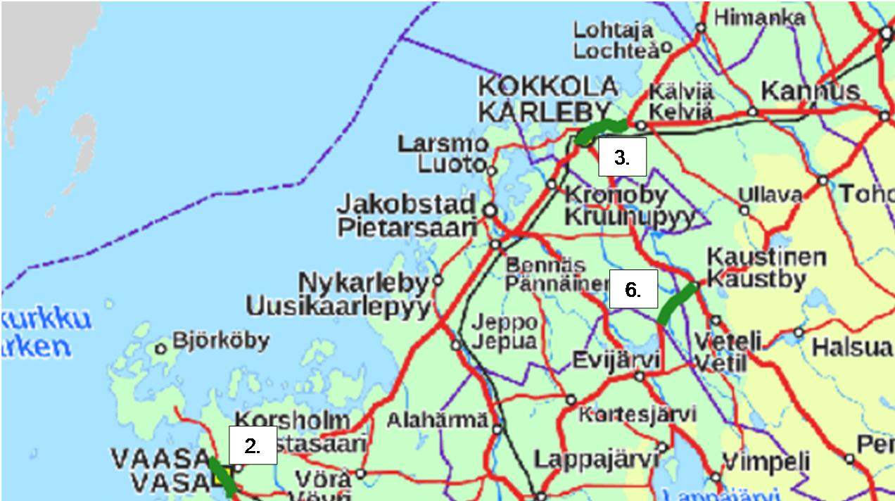 3 Betydande projekt som väntar på finansieringsbeslut NTM-centralen har ansett att 6 vägavsnitt i behov av förbättring (se kartan) är viktiga nya investeringshelheter.