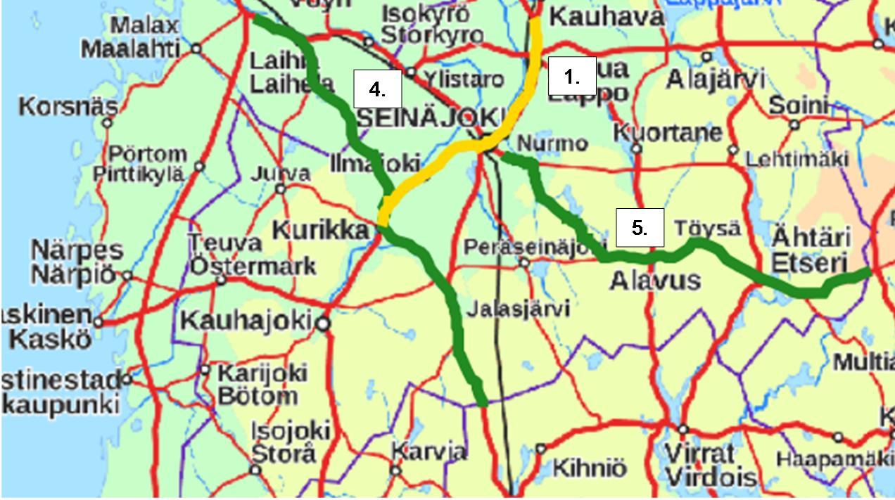 Utveckling av stamväg 67 och riksväg 19 på avsnittet Kurikka - Kauhava 2. Förbättring av landsväg 724 Vasa förbindelseväg 3.