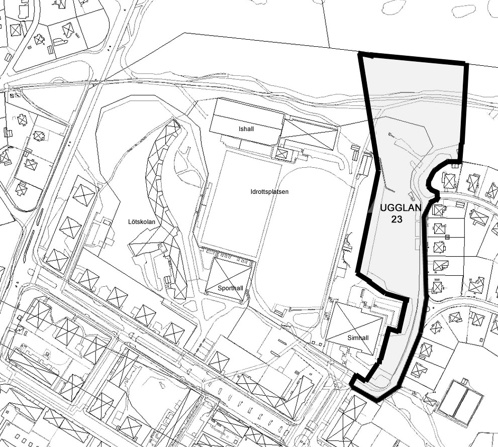 2 Situationsplan Planområdet markerat med svart linje Planområdet är ca 2,5 Ha stort. Fastigheterna Sundbyberg 2:17 och Ugglan 23 ägs av staden.