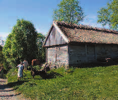 Pigan och drängen räfsar upp nyslaget gräs. Foto: Mats Folkesson. Riksdagsman Bengt Persson (Kjell-Åke Rinnarv) och bonden Jöns (Sven Johansson) spelar upp scener från tidsresan.