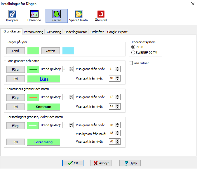 Kartfunktionen i Disgen 2016, Studiehandledning Del 1 9 Några inställningar för kartfönstret Markera grundkartan och högerklicka med
