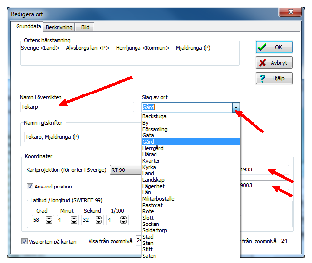 I ramen Koordinater kan ortens läge anges.- Vi återkommer till dem senare. Avsluta med en klick på OK. Då ser du hur gården Tokarp har lagts in under Mjäldrunga.