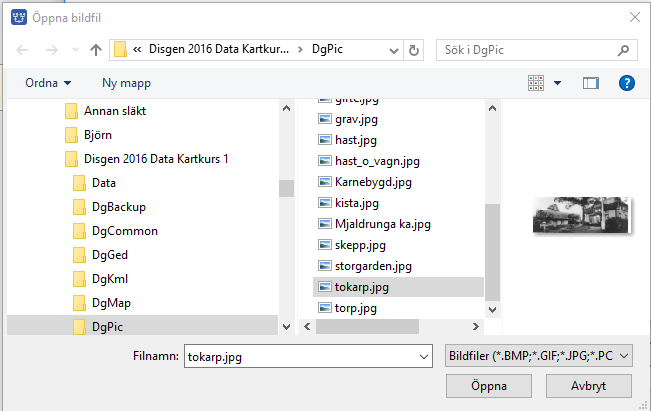 Datamappens mapp DgPic (och undermappar till denna) skall användas för alla bilder i Disgen, både för personer