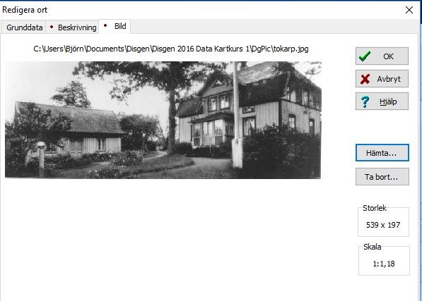 Avsluta med OK. Nu har vi både text och bild för gården Tokarp. Avsluta Redigera ort - dialogen med OK.