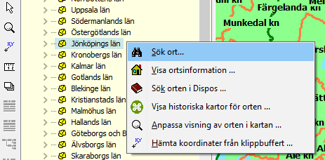 18 Kartfunktionen i Disgen 2016, Studiehandledning Del 1 Sök ort från ortsträdet Nu skall du välja en plats på kartan som vi skall arbeta med.