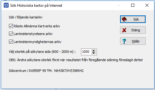 Punkten för gården och en ruta på 1000 m runt denna är söknyckeln. Klicka på Sök. Som resultat får du en lista över de historiska kartakter som finns tillgängliga för Tokarp.