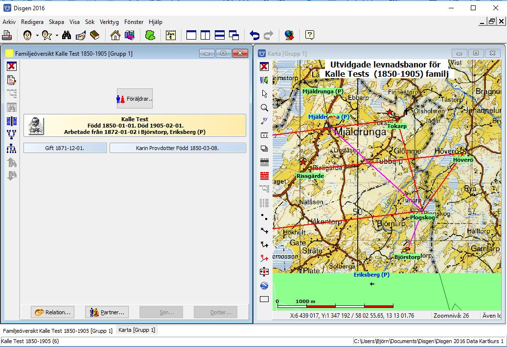 48 Kartfunktionen i Disgen 2016, Studiehandledning Del 1 Klicka sedan på Kalles fru i Familjeöversikten och se hur kartbilden ändras.