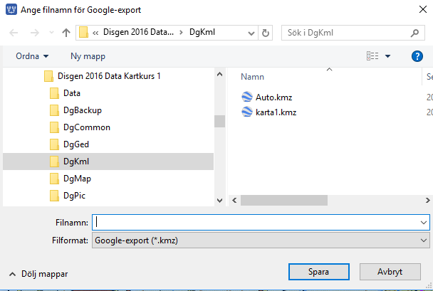 Filnamnet kan ändras, bara typen förblir.kmz. Filen kan kopieras till annan dator eller skickas med e-post till släkten utan Disgens inblandning.