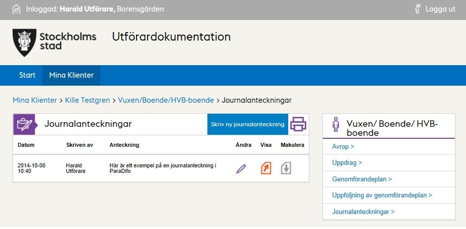 journalanteckningen skrevs. Visar vem som skrev journalanteckningen. Visar ett utdrag från journalanteckningen.