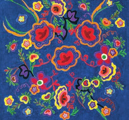 bottenfärger samt blommor och snirklar på bindmössor och kjolsäckar.
