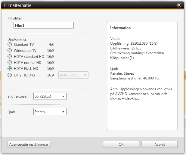 Redigera videoklipp Fönstret Filmalternativ Olika inställningsalternativ finns till vänster. En sammanfattning av valda inställningar visas i fönstret Information till höger.
