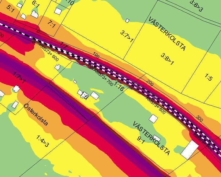 Kolsta mellan Mittbanan och E14 Beräkningar har genomförts för skärmar längs med väg och järnväg.