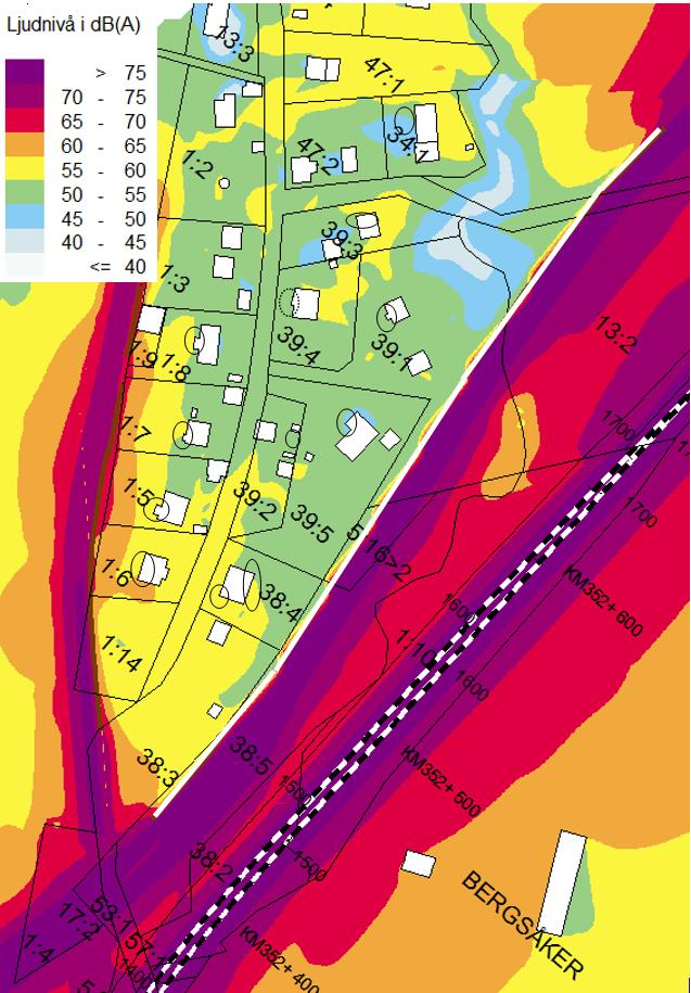 Figur 6 Placering av skärm vid Bergsåker för att uppfylla 1 och 2.