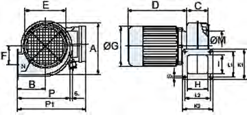 Radialfläktar ENG/DNG-Atex Mått mm stl 2-6 stl 7-15 Ventilation A B C D E F ØG H I K1 K2 L1 L2 ØM N P P1* S T U V1 V2 ØX 2-2,5 144 79 60 165 116 51 111 55,5 52 85 85 70 70 87 M3 148 192 5,8 - - - - -