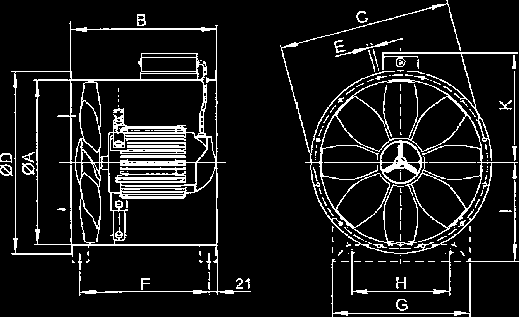 Fläktarna kan monteras horisontellt eller vertikalt och är reversibla. Max. lufttransporttemperatur +40 C. Skyddsklass IP 54. På förfrågan kan fläkten leveraras med special spänning.