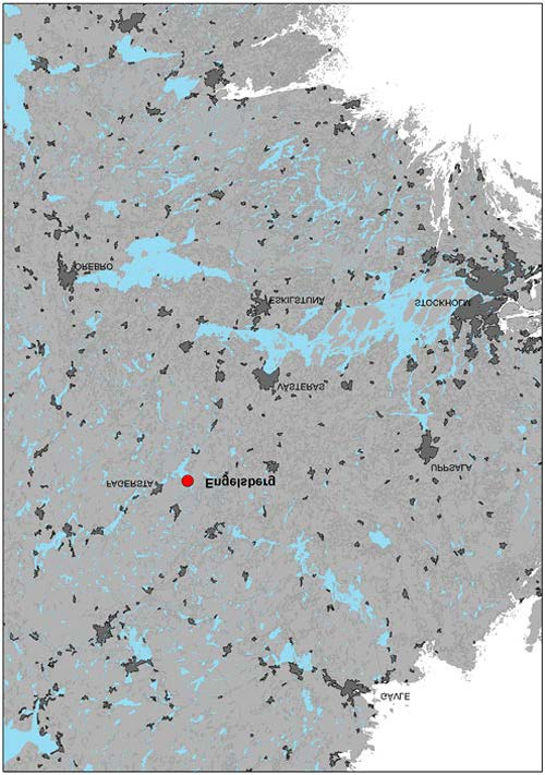 Engelsberg, arkeologisk undersökning 2008, kartor 2010-01-18 Läget för Engelsbergs bruk nordväst om Västerås. Kartan är godkänd från sekretessynpunkt för spridning.