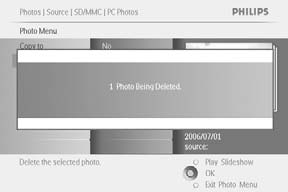 När du tar bort ett foto visar PhotoFrame statusen och du kommer tillbaka till albumet efter slutförd borttagning.