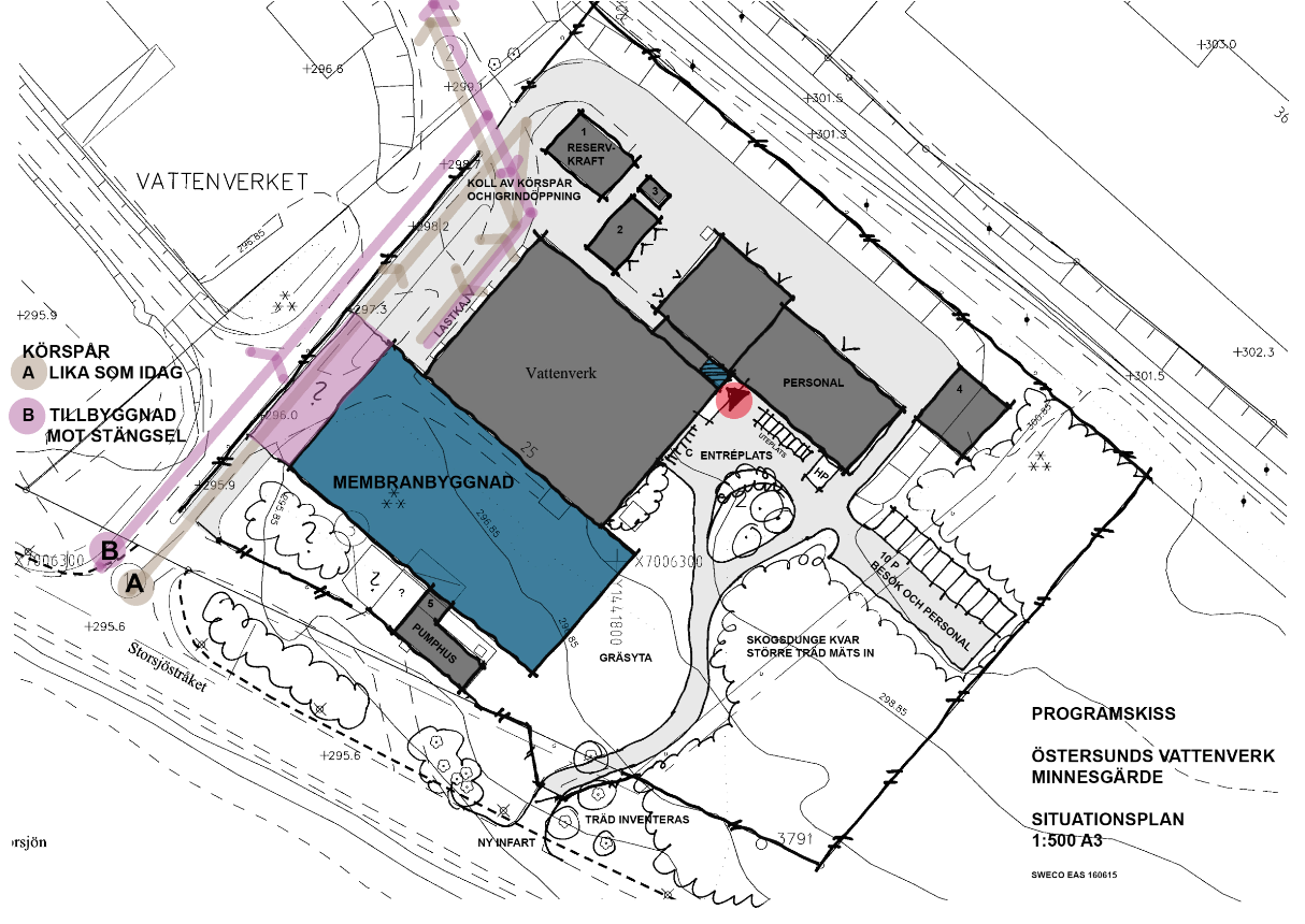 Figur 2. Situationsplan, preliminär Minnesgärdets vattenverk ska kompletteras med en byggnad som bland annat ska innehålla ett ytterligare reningssteg med membranfiltrering.