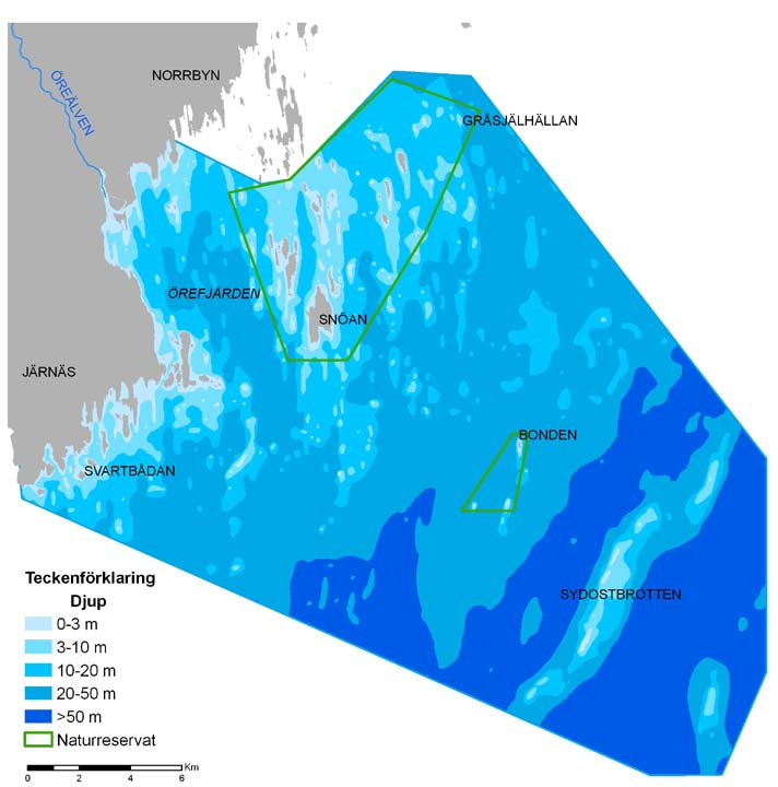 OMRÅDESBESKRIVNING Inventeringsområdet har avgränsats i samråd med Länsstyrelsen och inkluderar Örefjärden och Snöanskärgården, samt öppna områden utanför dessa ut till Sydostbrotten och Vernersgrund
