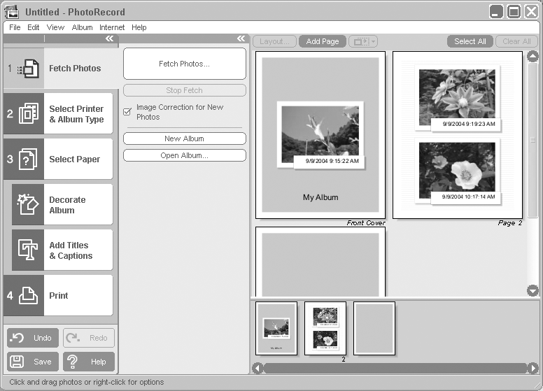 Öppna utskriftslayout]. PhotoRecord startas och i albumfönstret visas den bild och den information som du markerade i steg 3.