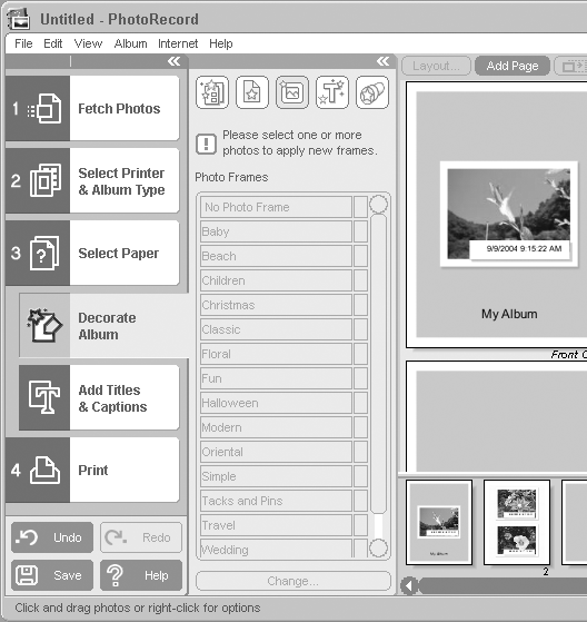 3 Klicka på [Decorate Album/Dekorera album] och ändra bildens bakgrund och kanter om du vill.