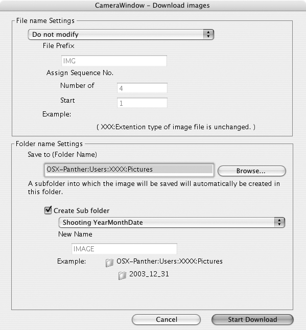 Markera [Create subfolder/skapa underordnad mapp] om du vill skapa en ny mapp i den mapp som anges ovan. Välj sedan ett namnalternativ.