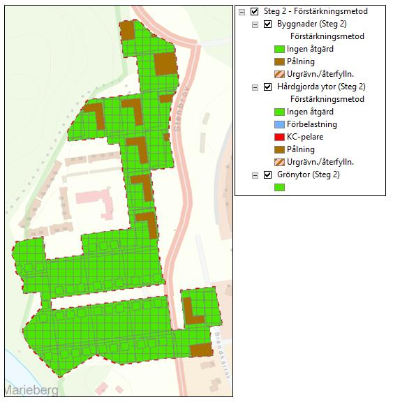 När verktyget körts klart kan man se resultatet genom att lägga till lyrfilen Steg 2 - Förstärkningsmetod.lyr i kartdokumentet.