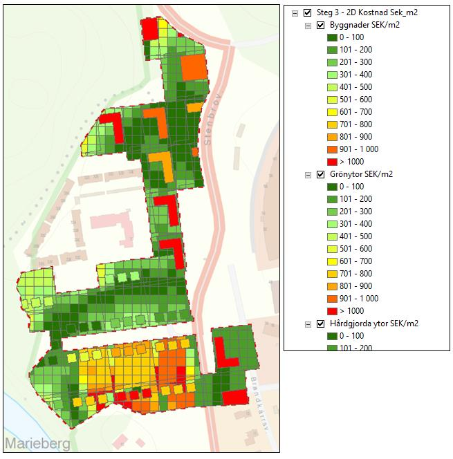 När verktyget körts klart kan lyrfilen Steg 3 - Kostnad SEK_m2 (2D).lyr läggas till i kartdokumentet.