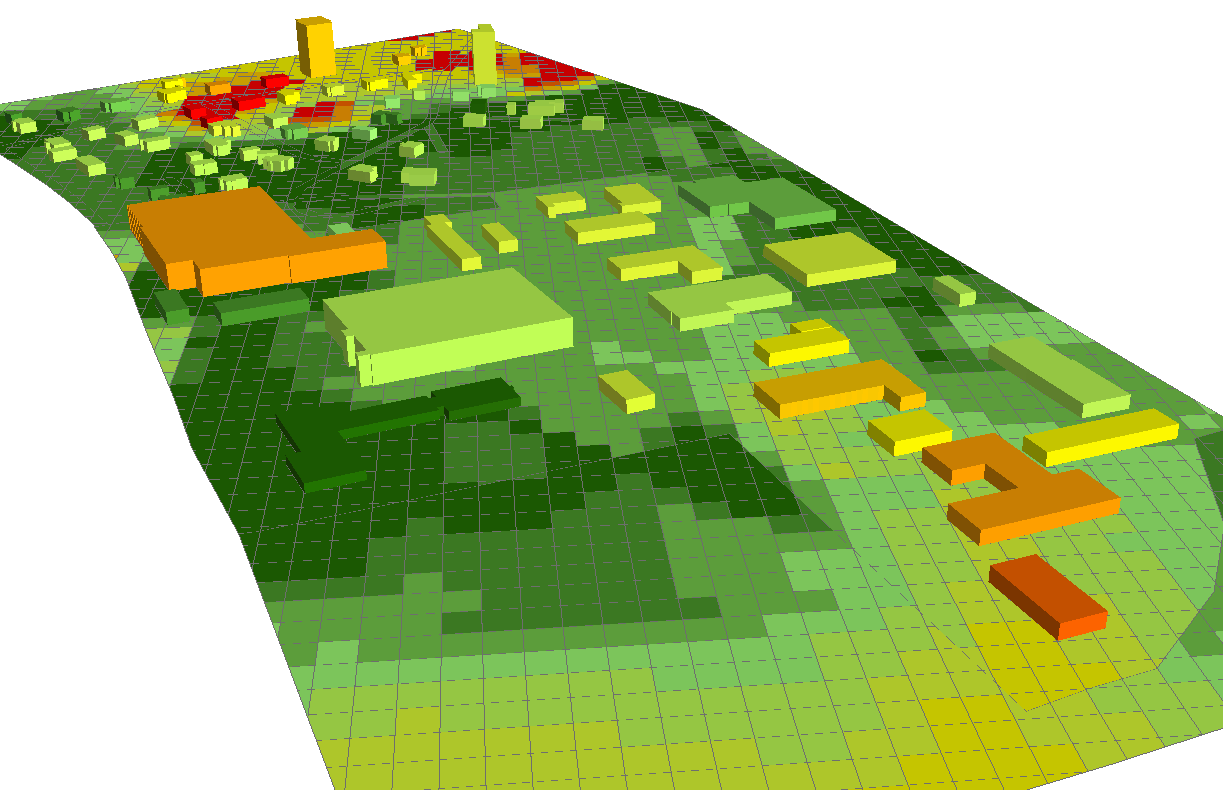 Geokalkyl_3D.sxd. Nedan (t v) visas vilka lager som finns i kartdokumentet och ett par exempel på hur det kan redovisas i ArcScene.