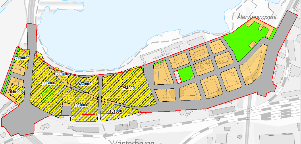 Figur 8.13 Tolkade geotekniska terrängklasser (GTK) utifrån jordartskarta och geotekniska undersökningar inom Skeppsbron, Jönköping. Inom området finns förorenad mark.