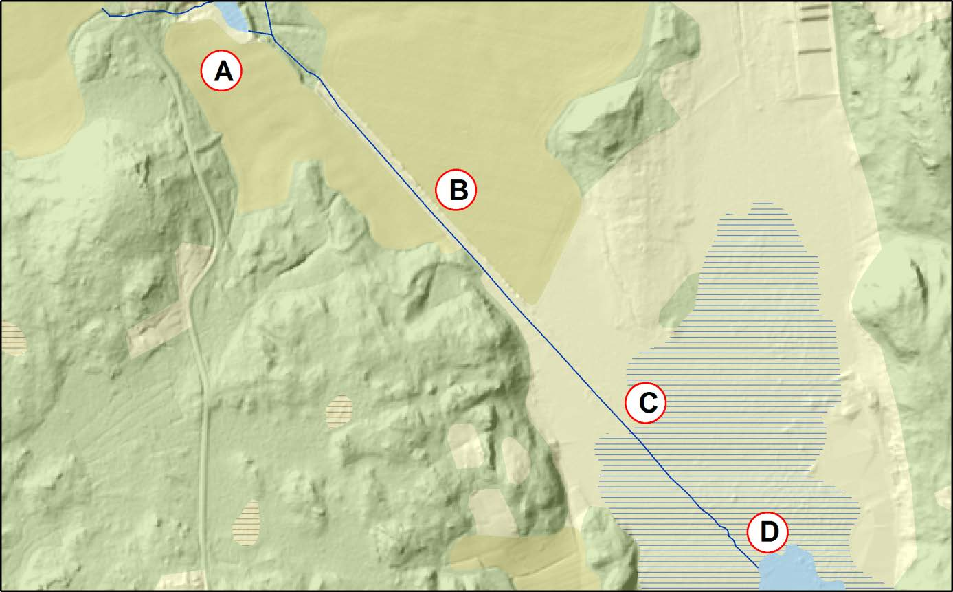 Figur 12. Problemområden. A: Gränsen för sjö, syns den i NH? B: Dikesvall som avgränsare av vattendrag?