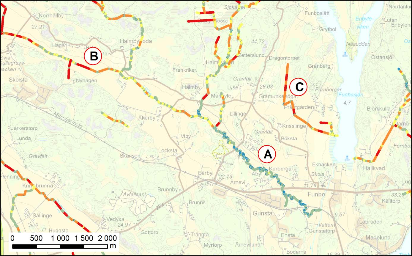 Figur 21. Vattendrags naturlighet baserad på segmentlängd. A: Naturligt vattendrag. B: Uträtningar i naturligt vattendrag. C: Artificiell utdikning.