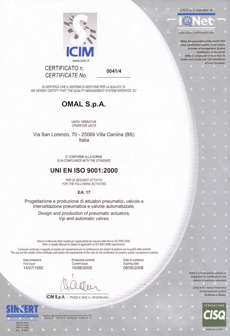 QUALITÀ CERTIFICATA CERTIFIED QUALITY OMAL S.p.A. Via S. Lorenzo, 70 I-5069 Villa Carcina (BS) Tel.