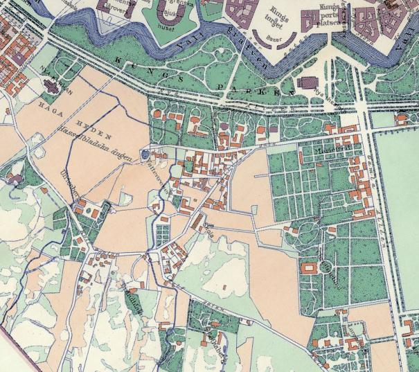 Bortom Nya Allén låg 1866 den utarrenderade donationsjorden ännu som landsbygd med landeriernas trädgårdar, hagar, åker och äng samt en på senare år vildvuxen oreglerad utkantsbebyggelse.