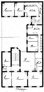 Kontinentalplan 1887 med centrerad gårdsflygel modell Hamburg i 13:e roten 75 (sidolagd portgång Vasagatan 34).