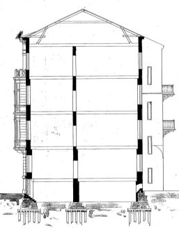 föreskrifter om murarnas tjocklek, begränsades den lokala författningens föreskrift om murtjocklekar alltjämt till hus med högst fyra våningar. Som synes nedan sänktes 1874 dimensioneringskravet.