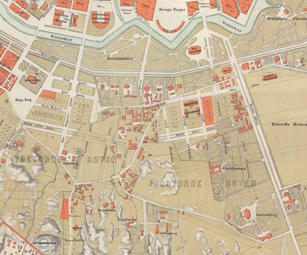 18-19. Vasagatans yttre delar förenades 1885 då mittsträckan framför Flygarns Haga blivit utlagd. 20-21.