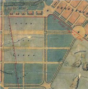 Kommitterades planförslag 1863 gjorde Exercisheden rätvinklig med större yta på bekostnad av Södra Vägen och Gamla Allén. 82. Kungl.