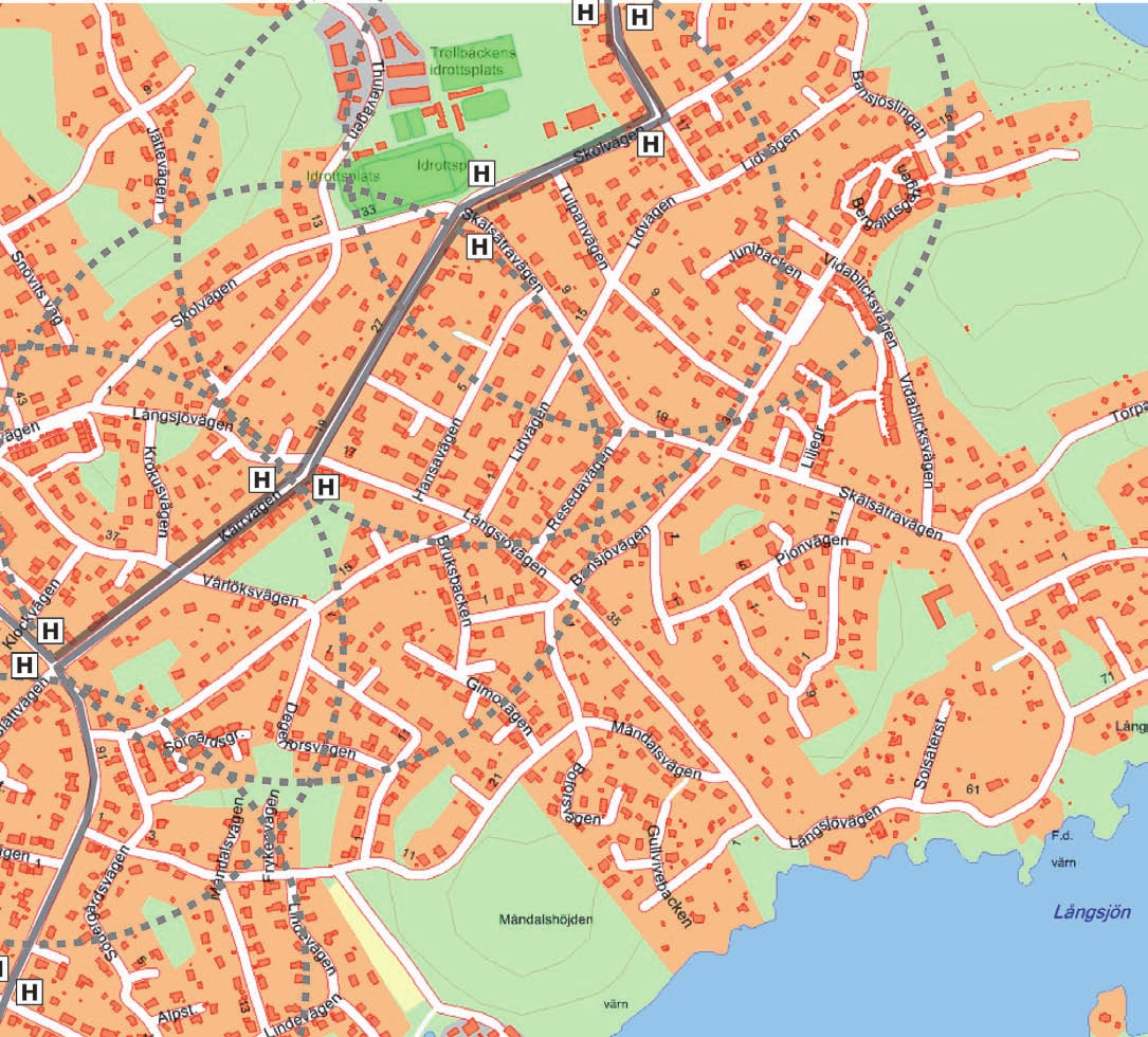 Förutsättningar Allmänt För att uppnå en god kollektivtrafik bör 90% av invånarna ha max 400 meters gångavstånd till närmsta hållplats (enligt TRÅD).