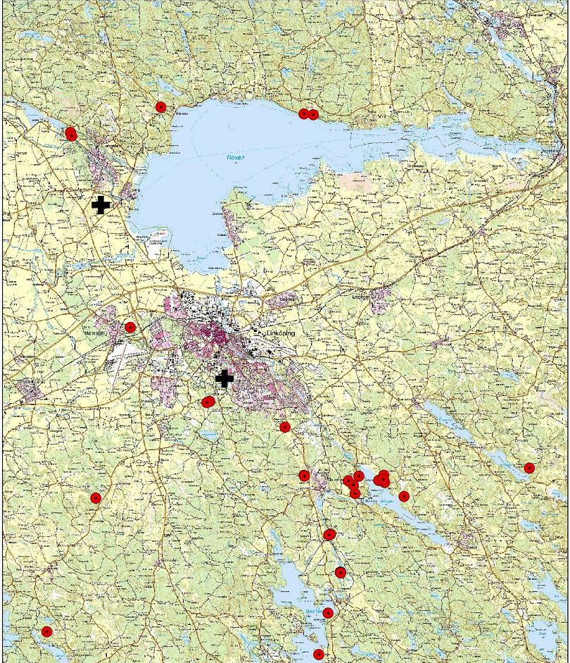 Karta 2. Platser med ekpricklav 2015 (röda punkter), samt platser där arten inte återfanns (svart kors) (Hagström 2015).