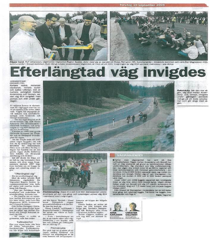 Figur 33: Artikel ur tidningen Värnamo Nyheter om väg 604, utgiven 2009-09-10. 4.3.5 