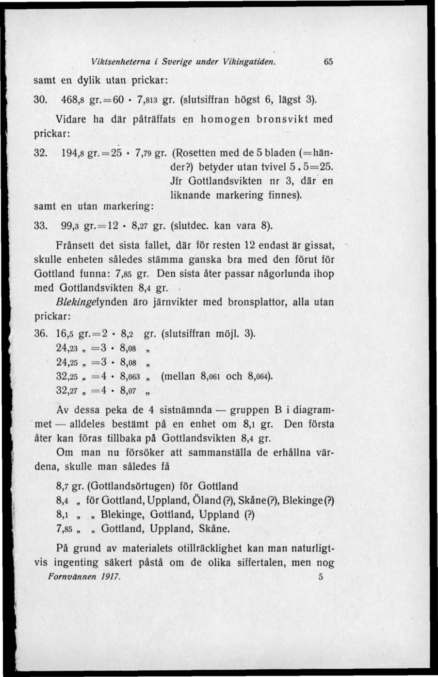 Viktsenheterna i Sverige under Vikingatiden. 65 samt en dylik utan prickar: 30. 468,8 gr. = 60 7,813 gr. (slutsiffran högst 6, lägst 3). Vidare ha där påträffats en homogen bronsvikt med prickar: 32.