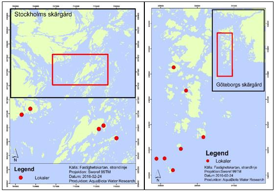 AquaBiota Report 2016:03 MATERIAL OCH METODER Studieområde För att utreda huruvida möjligheterna att utnyttja flerstråligt ekolod för kartering av vegetation skiljer sig på Väst- och Östkusten