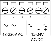 Function-knapp (Cancel) 2. Funktionsreläer 1-9 7. Programmeringskontakt 3. Plint för inmatningsspänning 8. Plint för digitala ingångar 4. Select-knapp (OK) 9. Spänningslysdiod (gul) 5.