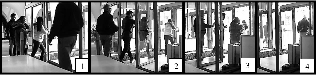 Exempel 5 Tre personer är på väg att gå ut genom dörrarna när en man kommer från sidan (bild 1; 00:00:92).